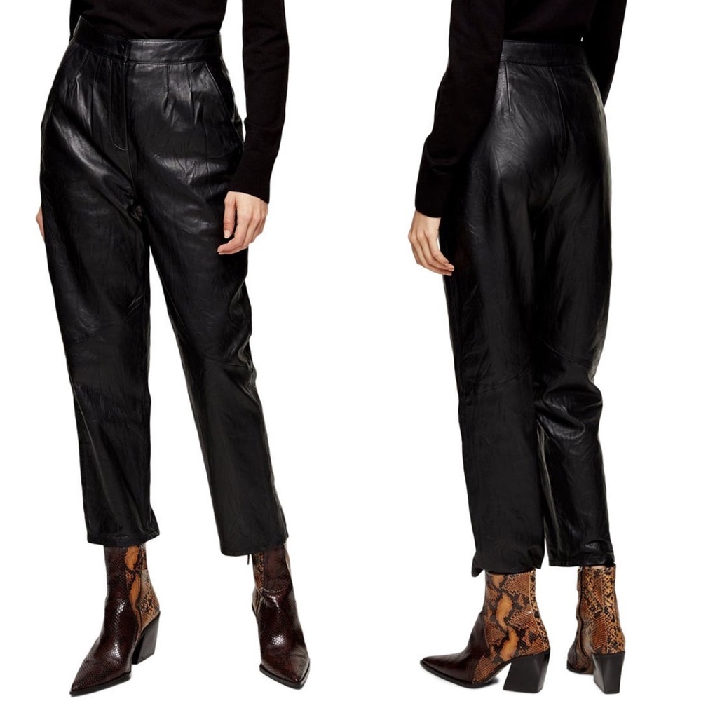 New Topshop Black Lamb Leather Peg Trousers, Size 4 US